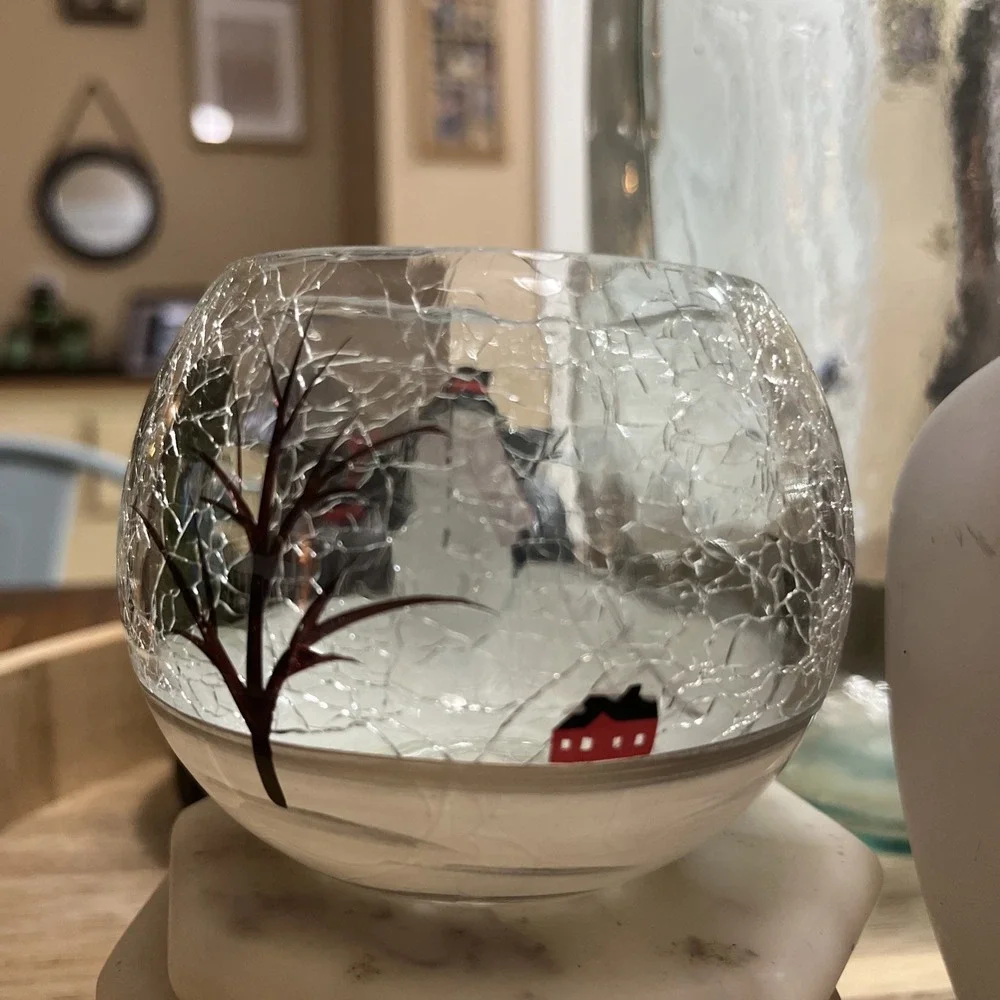 Crackle Glass Snowman Tea Light Candle Holder Christmas Holiday Decor Lot Of 2